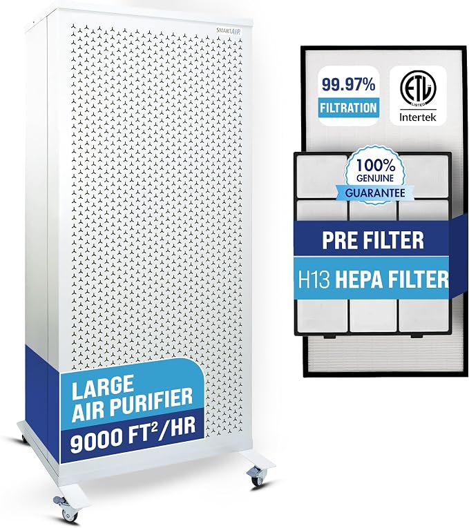 Smart Air Blast MKII Large Room Air Purifier Up to 9000 Sq Ft/hr, 1200 CFM, 99.97% True H13 HEPA Filter & Washable Prefilter, For Home Office Pet Hair Dust Mold Smoke Allergies Pollen