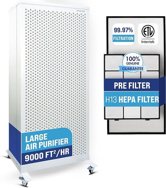 Smart Air Blast MKII Large Room Air Purifier Up to 9000 Sq Ft/hr, 1200 CFM, 99.97% True H13 HEPA Filter & Washable Prefilter, For Home Office Pet Hair Dust Mold Smoke Allergies Pollen