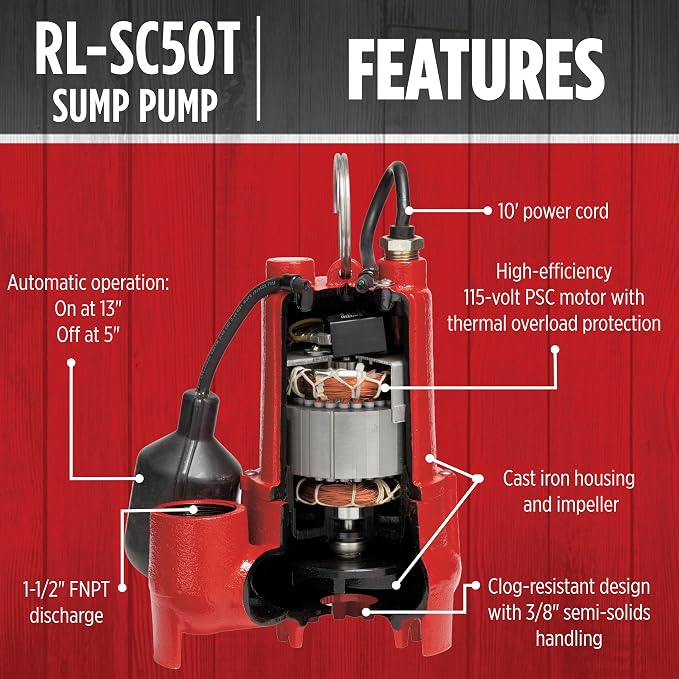 Red Lion RL-SC50T 115-Volt, 1/2 HP, 4300 GPH Cast Iron Sump Pump with Tethered Float Switch, 10-Ft. Cord, Red, 14942746