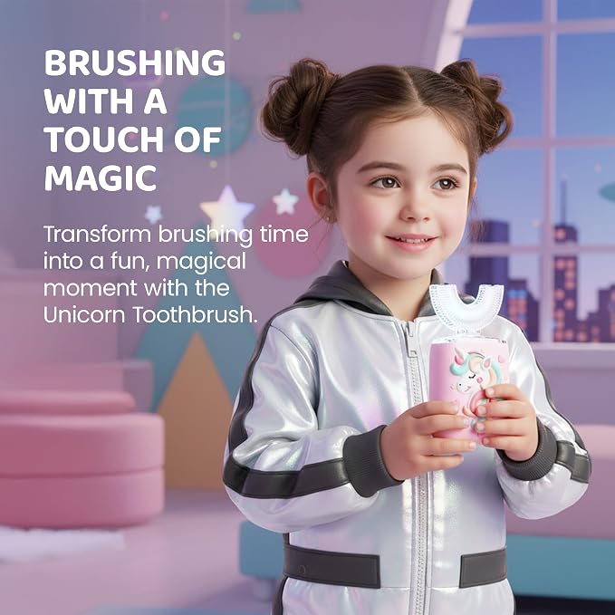 Well Before Kids U Shaped Electric Toothbrush with 5 Brush Heads, Ultrasonic, 5 Modes, IPX7 Waterproof Design (Unicorn, Purple Ages 2-7)