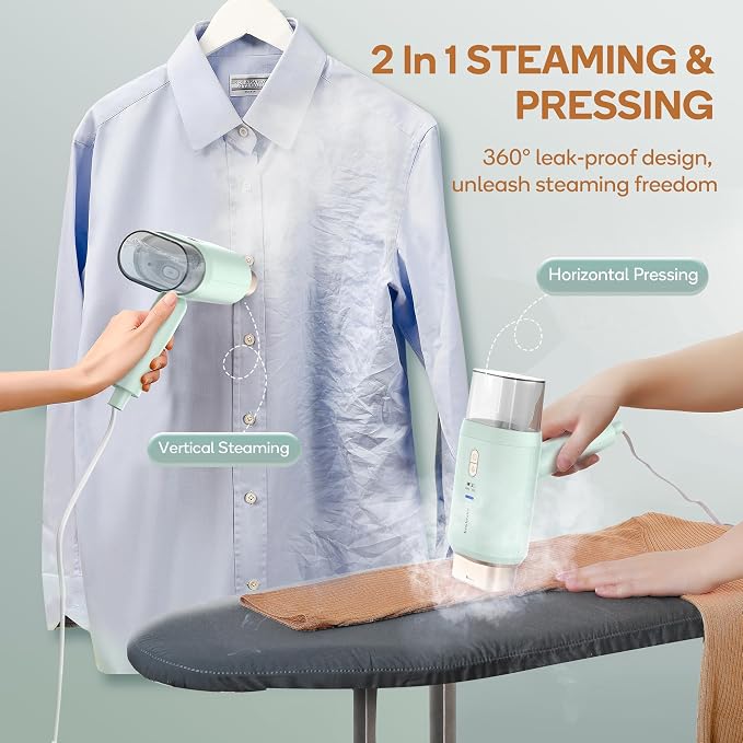 Newbealer Pro Business Travel Steamer, 1200W Dual Voltage, 180ml (Green) | Foldable & 20s Fast Heat, 360° Anti-Spill Garment Steamer, Solid 1.72 lbs, Auto-Off, for Global Business Trip/Hotel/Office
