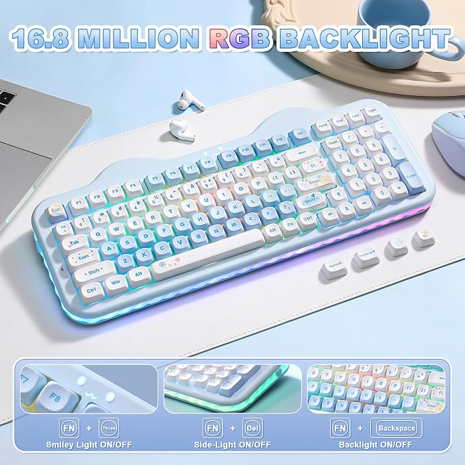 YUNZII C98 Wireless Mechanical Keyboard with Number Pad,98 Key BT5.0/2.4G/USB-C Hot Swap Gasket Mount with PBT MOA Keycaps,Custom RGB,Cute Cake Keyboard for Win/Mac (Blue, Candy Linear Switch)