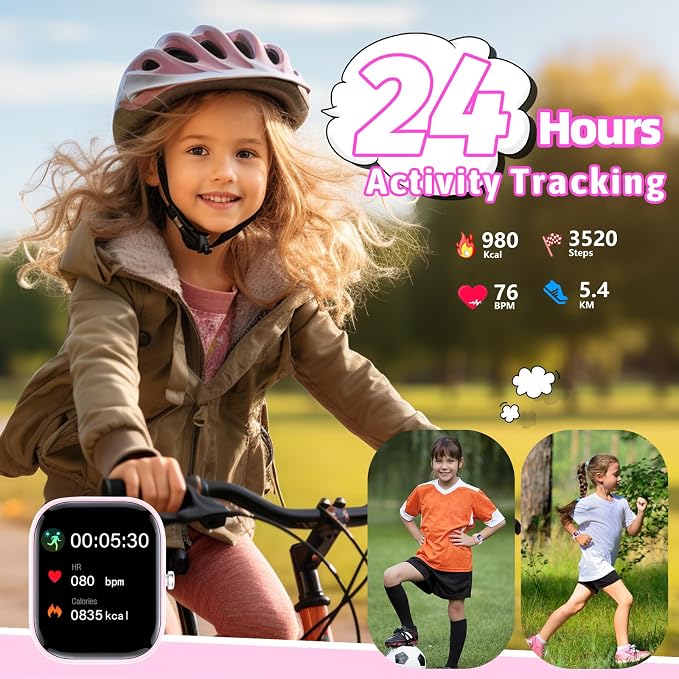 Nyonio Kids Watch with Fitness Tracker No Phone/APP Needed,19 Sport Mode,1.5" DIY Dial,IP68 Waterproof,Sleep Monitor,Pedometers,Heart Rate,Great Birthday Gift for Boys Girls Teens 6-14 (Pink)