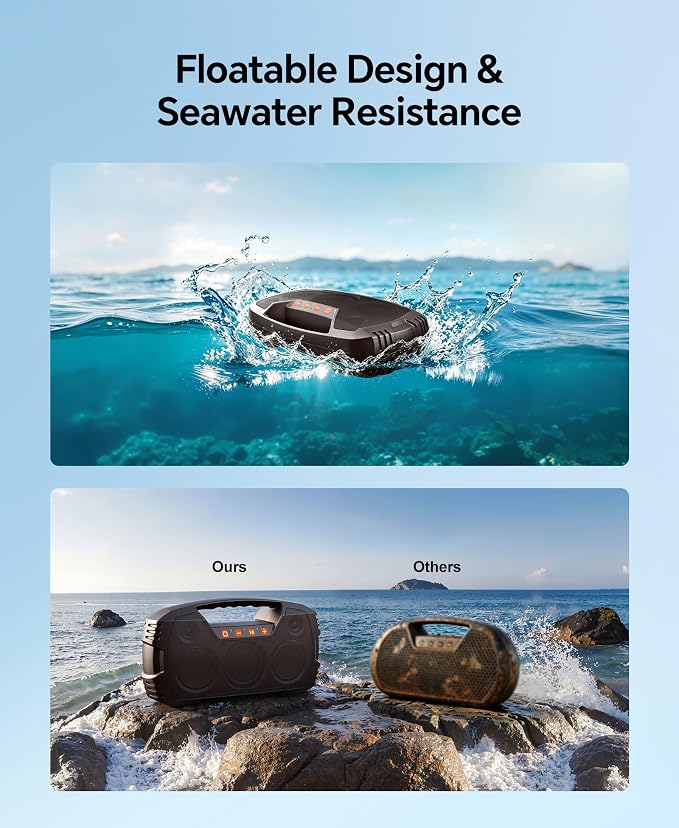 IPX7 Waterproof Outdoor Bluetooth Speaker, Wireless, 90W(Peak), 32H Playtime, Floating Design, Deep Bass & Loud Stereo Sound, Portable with Handle, Rugged for Pool, Beach, Kayaking, Hiking, Dark Brown