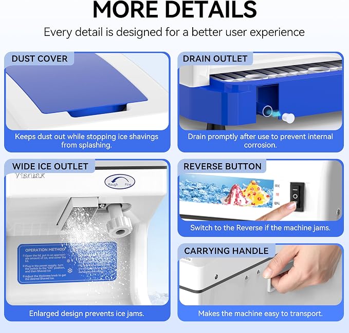 Electric Ice Crusher Shaver, 250W Snow Cone Maker Machine 265LBs/hr Thickness Adjustable for Bar Parties Events Snack(2.3Qt)