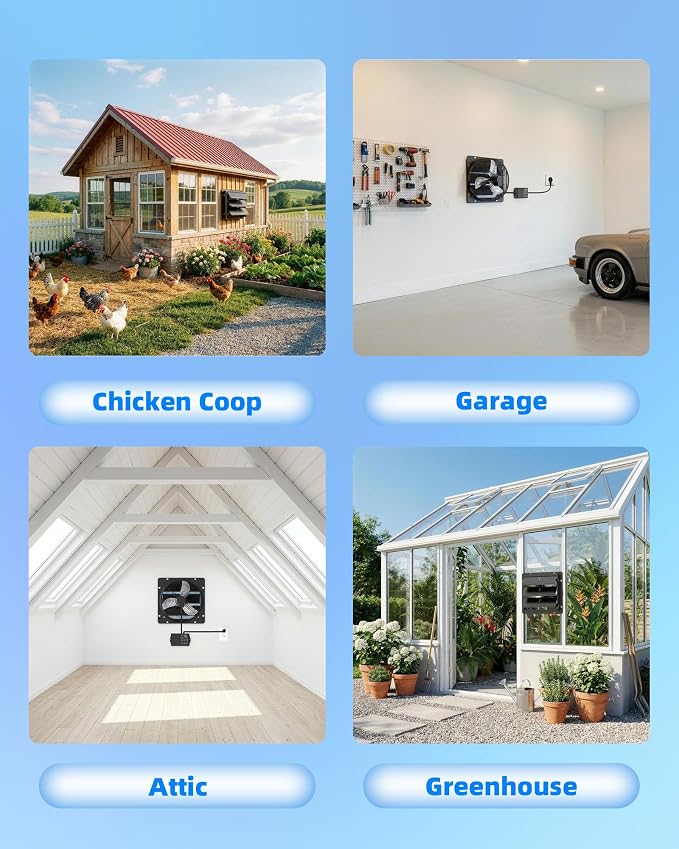 12 Inch Upgraded Shutter Exhaust Fan with Thermostat & Remote Control, Automatic On/Off by Temperature, 980 CFM Wall Mounted Garage Fan for Attic, Greenhouses, Sheds, Chicken Coops & Shops