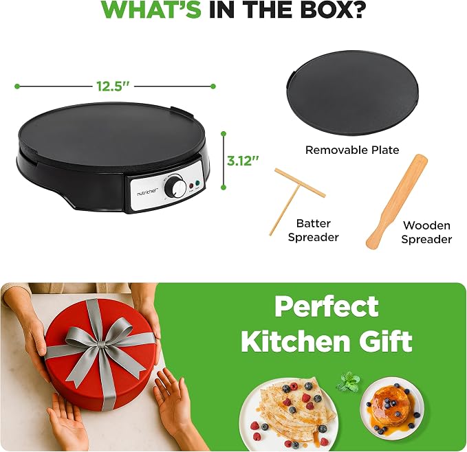 Electric Crepe Maker & Griddle Cooktop | Nonstick Reversible 12 Inch Hot Plate with LED Indicator Lights & Adjustable Temperature Control | Wooden Spatula & Batter Spreader NutriChef Included