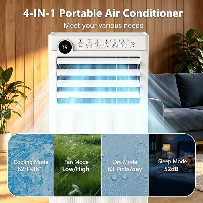 Electactic 8000 BTU Portable Air Conditioners, 4-in-1 Portable AC Unit Up to 350 Sq.Ft., Air Conditioner Portable with Cool, Fan, Dehumidifier, Auto Drain, 24H Timer, Remote & Window Kit, for Bedroom