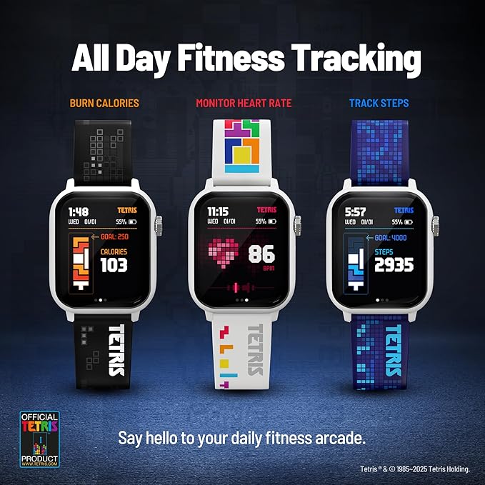 Tetris®: My Play Watch – Retro Gaming Smart Watch, No Wi-Fi or Bluetooth, Built-in Tetris®, Custom Watch Faces, Classic Arcade Sound, Heart Rate Monitor, IP67 Water Resistant.