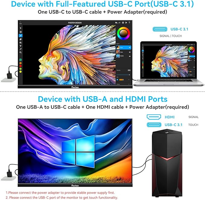 Prechen 23.8" 200hz Portable Touchscreen Monitor 99% sRGB VA FHD 1080P, VESA, Built-in Speaker, w/90°Adjustable Stand USB-C HDMI External Second Touch Screen Display for Laptop/PC/Phone