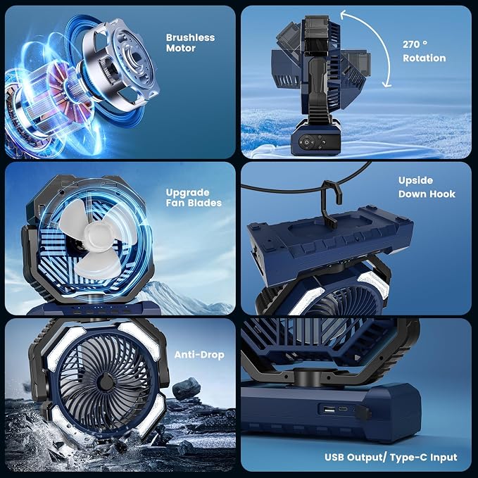 Misting Fan Portable, 20000mAh Rechargeable Battery Powered Camping Fan with Light, Personal USB Battery Operated with Hook & 250mL Water Tank for Outdoor, Tents, Beach, Travel.