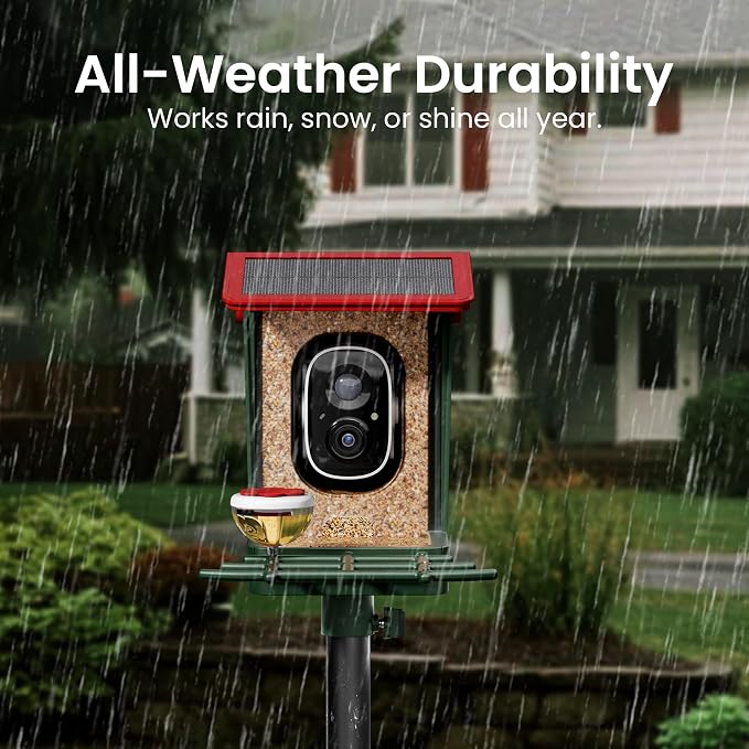 Smart Bird Feeder with Camera Solar Powered, 2K HD Video, AI Bird Species Identification, Instant Arrival Alerts, Weatherproof Design for Effortless Birdwatching, Best Gift for BirdLovers, Red