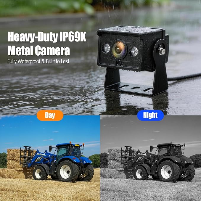 1080P Wired Backup Camera System for Skid Steer, 7" DVR IPS Touchscreen with AHD IP69K Water/Dust Proof Rear Camera, Vibration-Proof 20G for Hitching, Farm Work, UTV, Tractor, Truck, Combine
