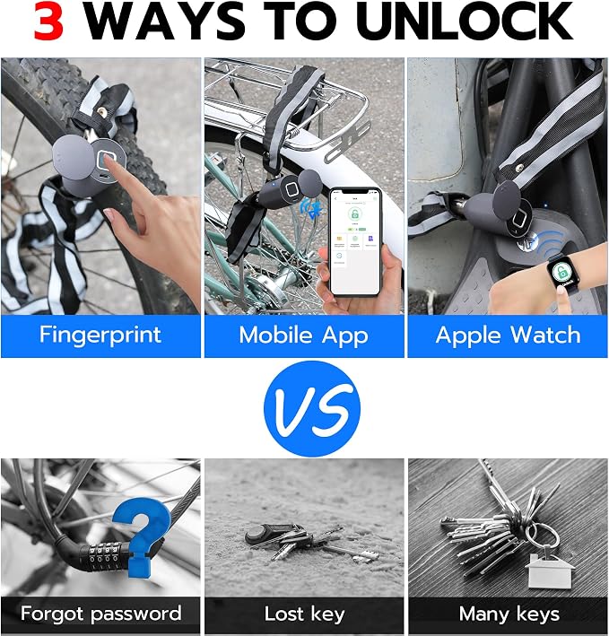 eLinkSmart Chain Lock Keyless Waterproof Biometric 100CM Chain Lock for Bike Scooter Motorcycle Door Fence Gate Black
