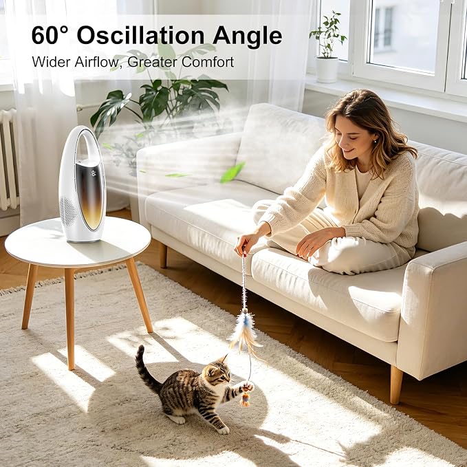 KONSIDEN Bladeless Misting Desk Fan, 13 Inch Rechargeable 3500mAh Quiet Small Personal Table Fan, 9 Speeds & 9H Timer, 60° Oscillation, 180ml Water Tank & Night Light for Bedroom Office Home Outdoor