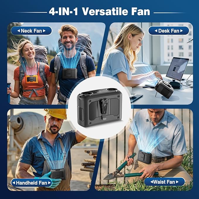 4-in-1 Portable Waist Fan, 20000mAh Dual-Motor Personal Rechargeable Fan [235H Max], 10 Speeds 22000RPM Clip-on Wearable Belt & Hands-Free Neck Fan for Oudoor, Camping, Travel, Jobsite - Black