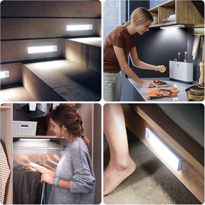 6 Pack Under Cabinet Lighting Wireless, 58 LED Rechargeable Battery Motion Sensor Light Indoor, Stick On Magnetic Closet Lights, Under Counter Lights for Kitchen, Stairs, White 14 in