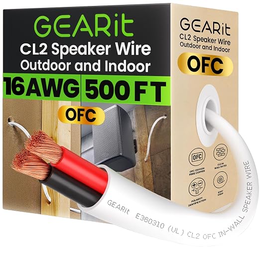 GEARit Speaker Wire 16 Gauge 500 ft, OFC Speaker Cable UL CL2 Rated, 16 AWG Copper Wire with Red/Black Color Coded, Audio Cable for in-Wall Home Theater, School, Church & Commercial Audio(White)