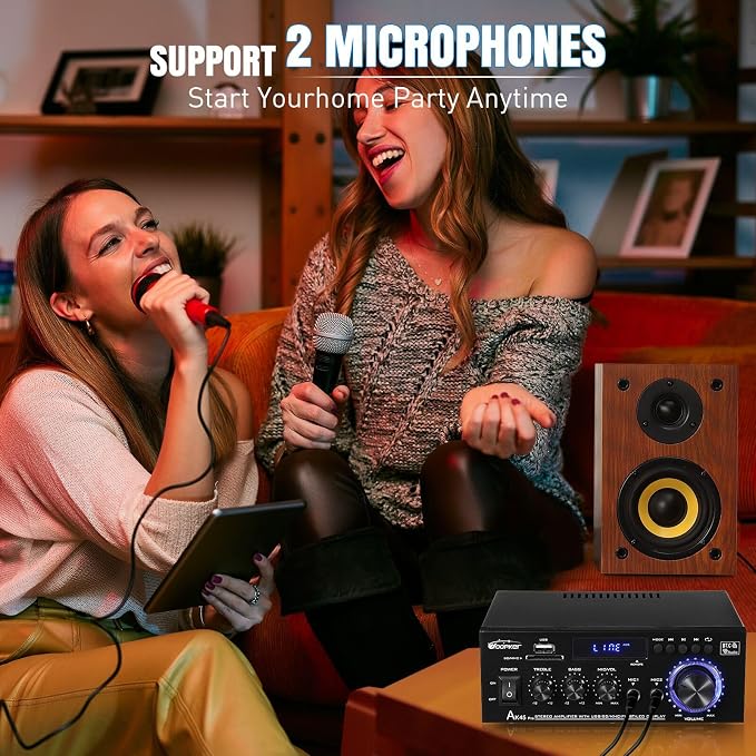 WOOPKER AK45 Pro Amplifier Home Audio Stereo Receivers with Bluetooth 5.0,Max 400W,2.0 Channel Stereo Amplifier System for Home Theater Speakers, Karaoke,Garage,Home Amp with USB,SD,RCA,2 MIC in