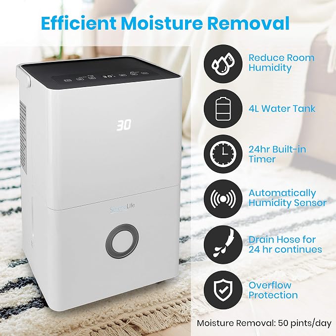 SereneLife 50-Pint Electric Home Compact Dehumidifier - 3000 Square Feet Quiet Electric Dehumidifiers For Home Closet Basement w/ 4L Water Tank Capacity, Removes Moisture - SereneLife SLDEHU50, White