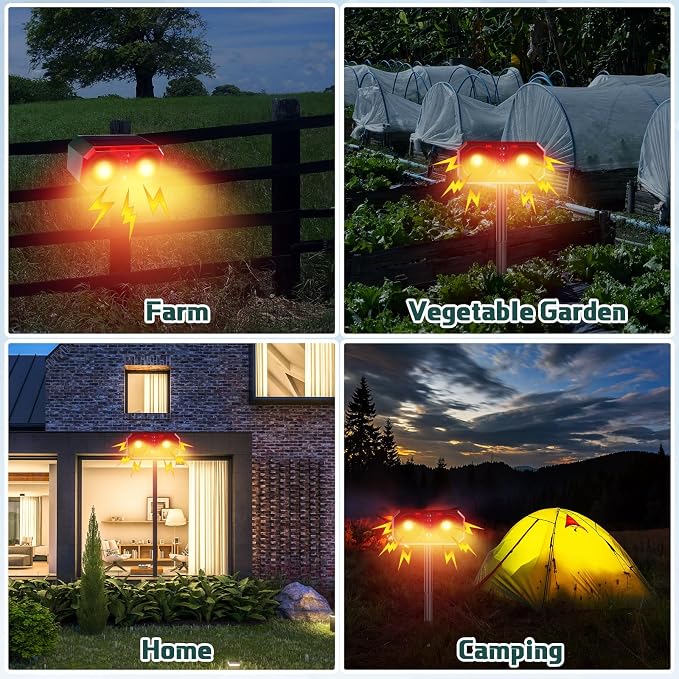 Qualirey 4 Pcs Solar Outdoor Motion Sensor Alarm with Stake Animal Deterrent Dog Barking Sensor 13 Sound 130dB Loud Noise Maker 4 Mode with USB Remote Control Support Recording Volume Adjustment