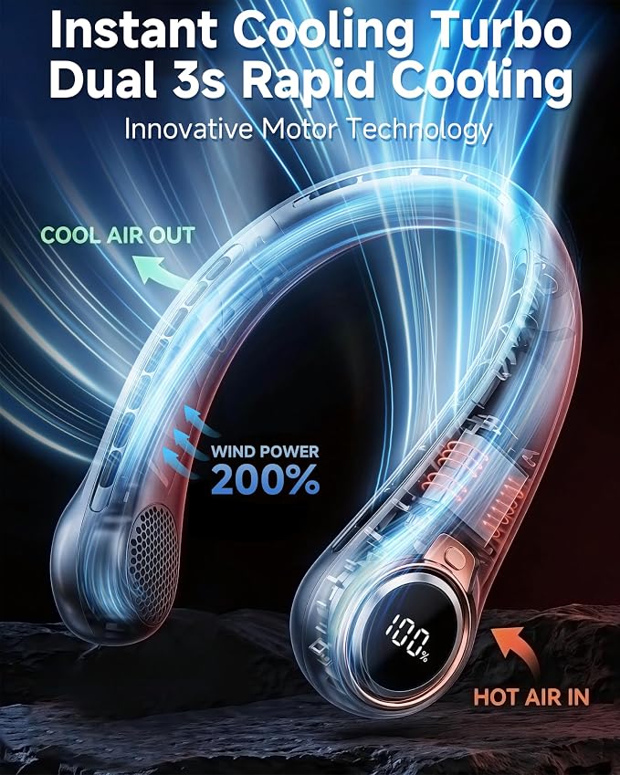 BNBZ Portable Neck Fan, 6000mAh Rechargeable Fan Blows Cold Air with LED Display, 4 Speeds, 20H Runtime, Quiet Wearable 360° Personal Cooling Fan for Outdoor Travel Work Gym,Fireplace Fans