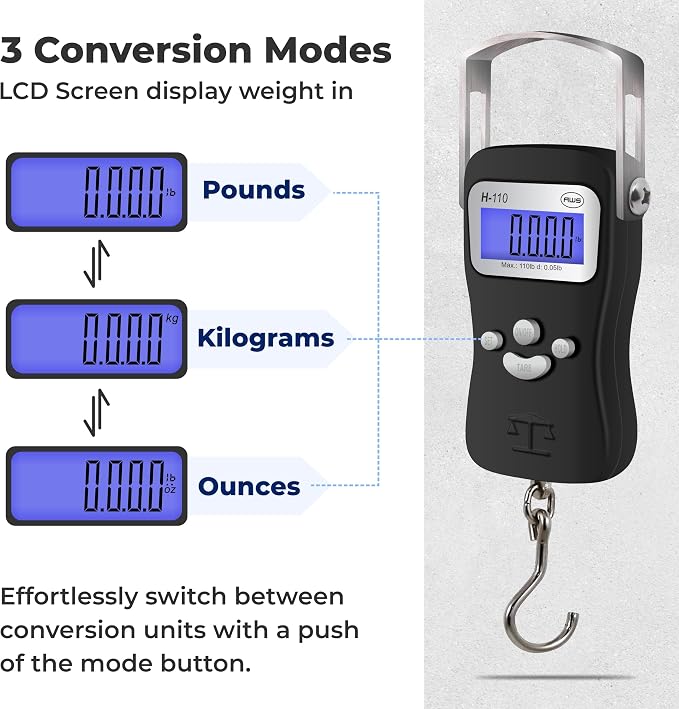 AWS Digital Luggage Scale, Fish Weighing Scale, Hanging Scale 110lb/50kg – Die-Cast Metal Construction, Built-in Tape Measure, Hook & Handle – for Travel, Fishing, Archery, Hunting, Outdoor (Black)