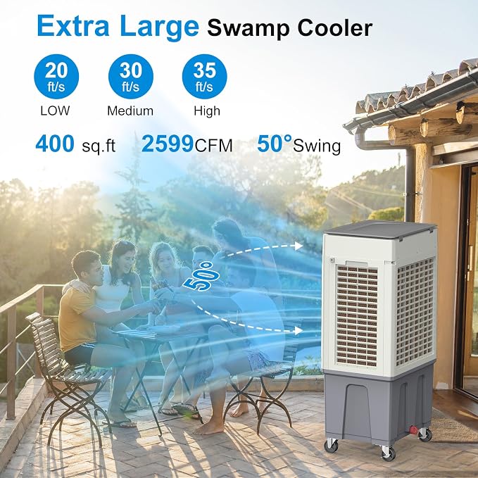 Windowless Swamp Cooler, 3 in 1 Evaporative Portable Air Conditioner with Remote, Cooling Fan Ac Unit,3 Speed, 24H Timer, 5.3 Gal Water Tank, 4 Ice Box for Garage, Patio, Bedroom Home Office Outdoor