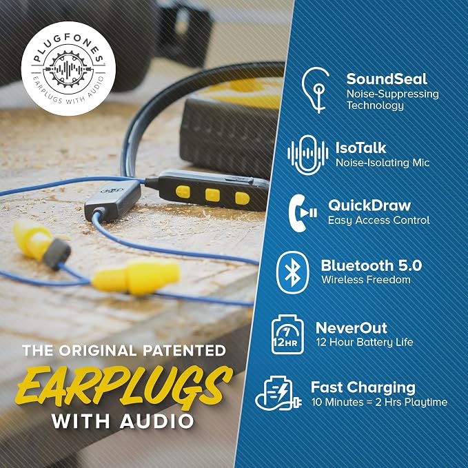Plugfones Liberate 2.0 Wireless Bluetooth in-Ear Earplug Earbuds- 29NRR Noise Reduction Headphones with Noise Isolating Mic and Controls (Blue & Yellow)