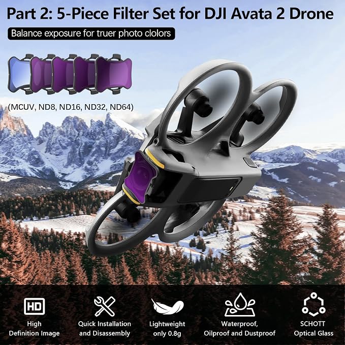 FPVtosky 6-IN-1 Avata 2 Accessories Kit, Avata 2 Hard Case, Gimbal Bumper, 5pack ND Filter Set, Goggle 3 Dust Cover, Neck Lanyard, Battery Digital Sticker for DJI Avata2 Drone Combo Accessories