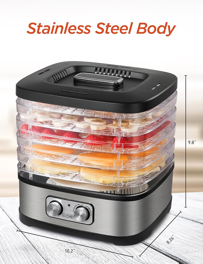 COMMERCIAL CHEF Food Dehydrator, 5 BPA-Free 10” x 9.25” Adjustable Height Trays, Stainless Dehydration Machine for Beef Jerky, Dehydrated Vegetables, Fruits and More, CHD200S, Black/Stainless Look