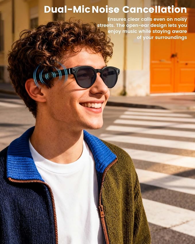 AI Smart Glasses with 8MP Camera, Continuous 12-Min 1200P Video Recording, Real-Time Translation & Voice Assistant, Open-Ear Bluetooth Audio for Vlogging, Travel & Meetings