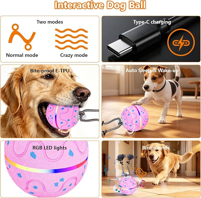 Smart Interactive Dog Ball – Automatic Moving, Bouncing & Rotating Toy for Medium/Large Dogs, E‑TPU Rolling Ball with Normal & Crazy Modes, Bird Sounds, Washable Cover, Type‑C Charging