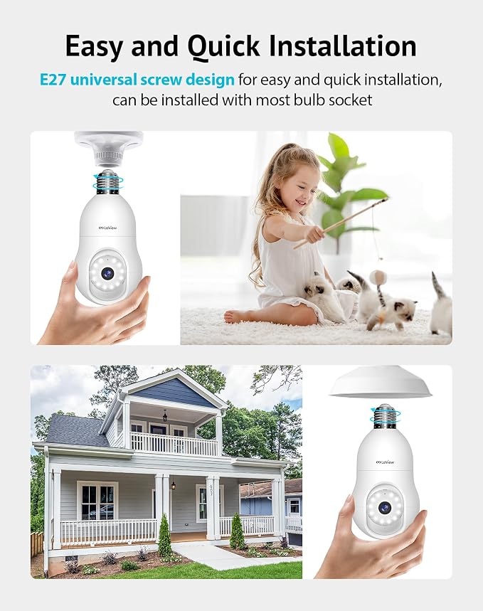LaView 4MP Bulb Security Camera 2.4GHz,360° 2K Security Cameras Wireless Outdoor Indoor Full Color Day and Night, Motion Detection, Audible Alarm, Easy Installation, Compatible with Alexa
