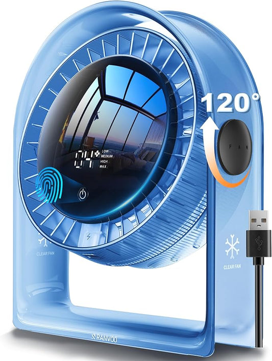RANVOO Quiet Desk Fan, Air Circulator Mini Fan for Bedroom, 4 Speeds Strong Airflow Portable Fan, Smart Display USB Fans,120°Tilt, Small Desktop Table Fans For Office Room Home,Translucent Blue