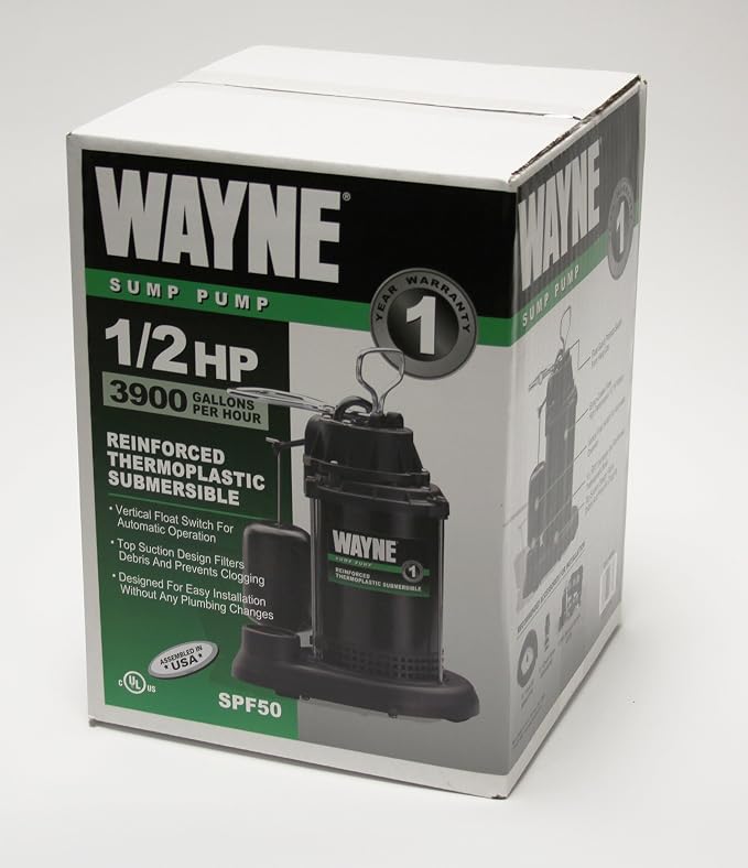 WAYNE SPF50-1/2 HP Epoxy Coated Steel and Thermoplastic Submersible Sump Pump - Up to 4,300 Gallons Per Hour - Long Lasting and Durable Construction