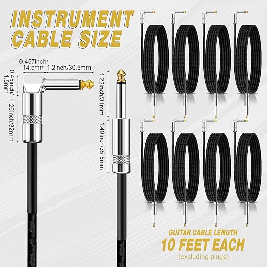 Rigibright 8 Pack 10FT Instrument Cable - Guitar, Bass, Keyboard, Microphone & Mixer Amp Cord (8,Black, 10 Feet)