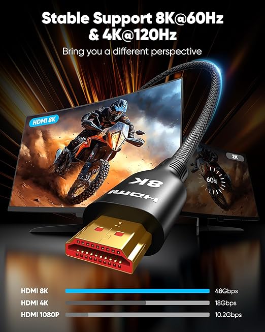 Highwings Ultra High Speed 8K HDMI Cable 3.3FT, 2.1 48Gbps Flexible HDMI Braided Cable-8K@60Hz 4K@120Hz DTS:X,HDCP 2.2 & 2.3, HDR 10,eARC,Compatible for Stream Media, HDTV, Ethernet, SoundBar