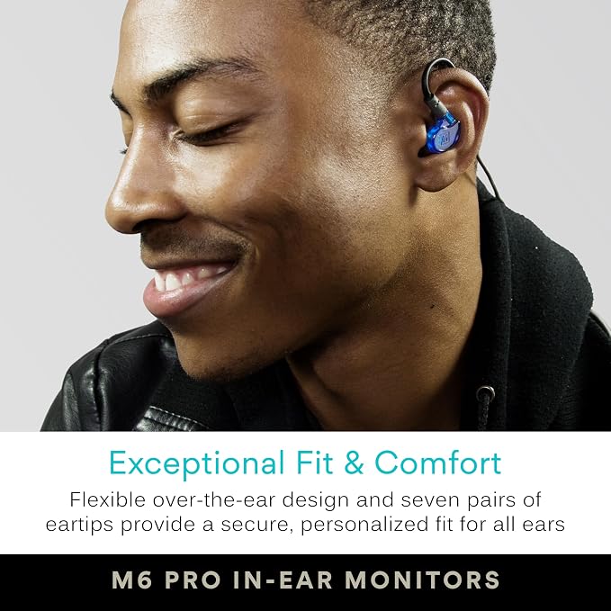 MEE audio M6 PRO Musicians' in-Ear Monitors Wired + Wireless Combo Pack: Includes IEMs, 2 Audio Cables and BT3 Hi-Res Bluetooth Audio Adapter w/aptX, LDAC, Auracast Support, & Built-in Headset (Blue)