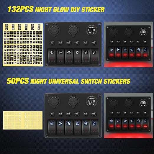 Nilight 6 Gang ON Off Rocker Switch Panel Red Backlit 12V 24V LED Digital Voltmeter 3.1A Dual USB Charger Cigarette Lighter Socket Overload Protection for Cars RVs Boats (90122F)