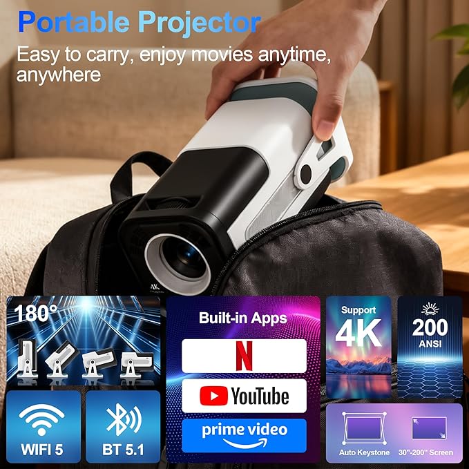 Mini Projector with WiFi and Bluetooth, Built-in App Smart Portable Projector 4K Support, Auto Keystone 180° Rotatable, Android 13 OS, Compatible with Smartphone/Laptop/TV Stick/HDMI/USB