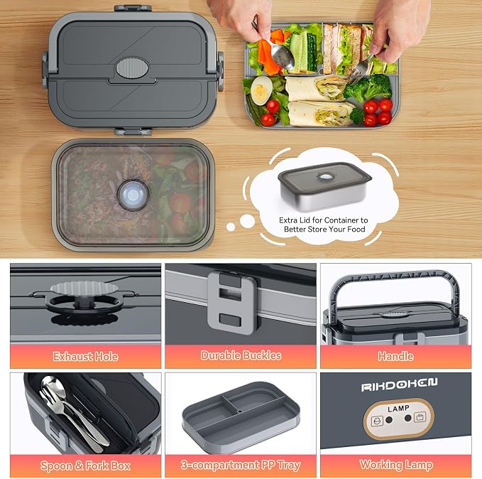 80W Faster Larger Electric Lunch Box Heater 2.8L with 2 Layers for Car Truck Work Home, 12V 24V 110V Portable Stainless Steel Food Warmer, Leak-proof Lunch Heater with Bag, Spoon, Fork for Adults