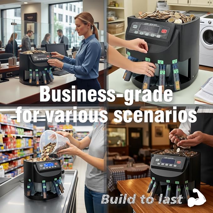 USD Coin Counter Machine with LCD Display,Coin Sorter and Wrapper Machine,Sorts 1￠5￠10￠25￠$1 up to 300 Coins/min,2000-coin Capacity,Business Grade,5 Bins&5 Tubes,Automatic Wrapper (Black)