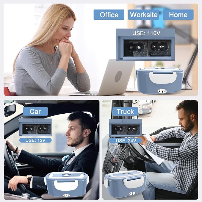 Electric Heated Lunch Boxes Adults: 80W Electric Lunch Box Food Heated 12/24/110V 1.5L Heatable Lunch Box for Car/Truck/Office Leak-Proof Stainless Steel Container,Fork & Spoon,Bag (Light Blue+White)