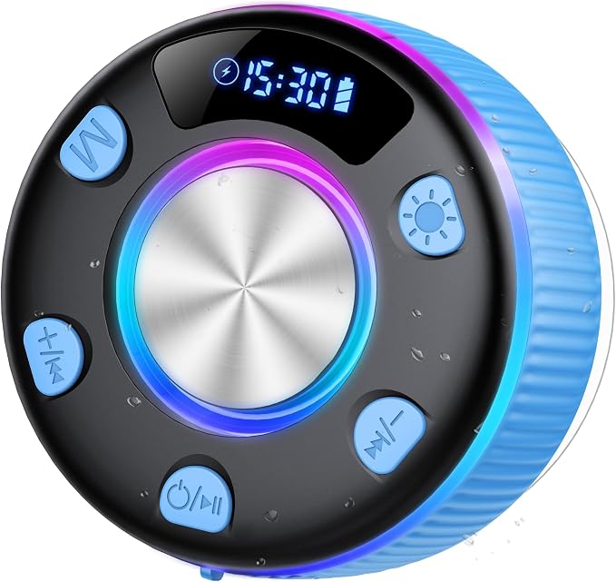 Bluetooth Shower Speaker, IP7 Waterproof Portable Bluetooth 5.3 Speakers with Suction Cup, Mini Wireless Speaker with RGB Lights Time Display, Loud Stereo Sound for Bathroom Beach Outdoor Party, Azure