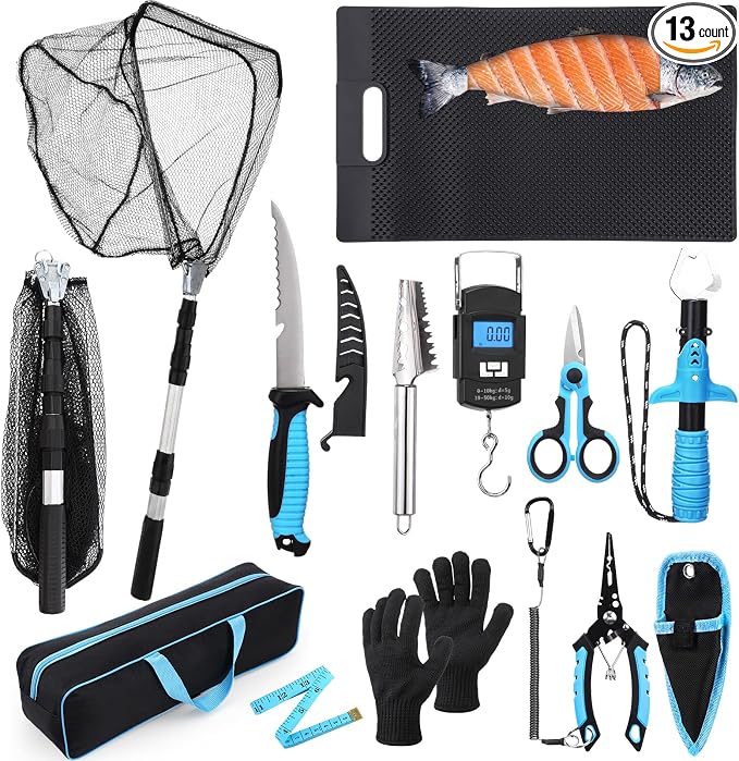 RoundFunny 13 Pcs Fishing Tool Kit, Fishing Pliers with Lanyard and Protective Sheaths, Fish Net, Fish Scaler Knife Fillet Mat, Digital Scale, Lip Gripper, Scissors Gloves Tape Storage Bag Dad Gifts