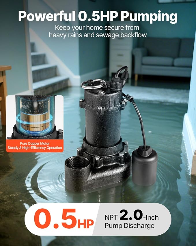 VEVOR Submersible Sewage Pump, 1/2 HP, 6000 GPH Cast Iron Sewage/Effluent Pump with Automatic Tethered Float Switch, 2-Inch NPT Discharge, 120V, 25 ft Max Lift, for Basement, Septic Tank, Residential