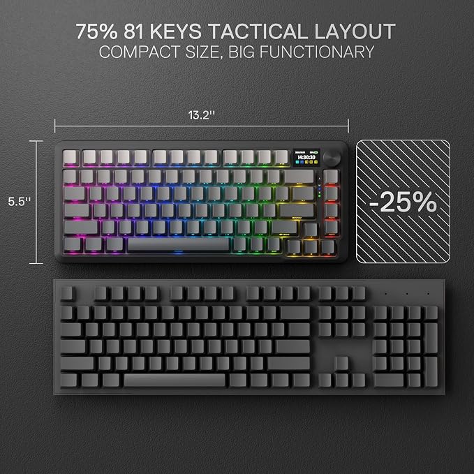 Redragon K724 PRO Wireless Gasket Gaming Keyboard w/Hype 1.14’’ TFT Screen & Knob, 81-Key 75% Mechanical Keyboard, 5-Layer Noise Dampening, Hot-Swap South-Facing RGB Socket, Gradient PBT Keycaps