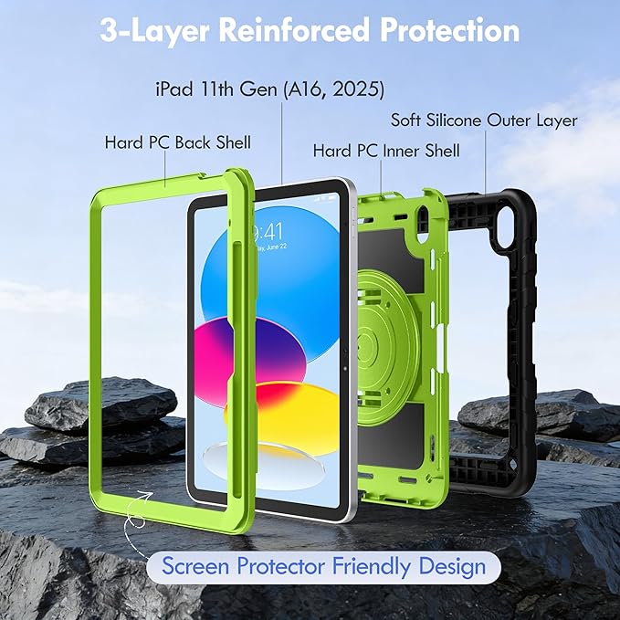 Case for iPad A16 (2025) 11th/10th Gen (11″/10.9″, 2022), Heavy Duty Shockproof Full-Body Cover with Pencil Holder, 2-in-1 Hand/Shoulder Strap, 360° Rotating Kickstand (Black+Green)