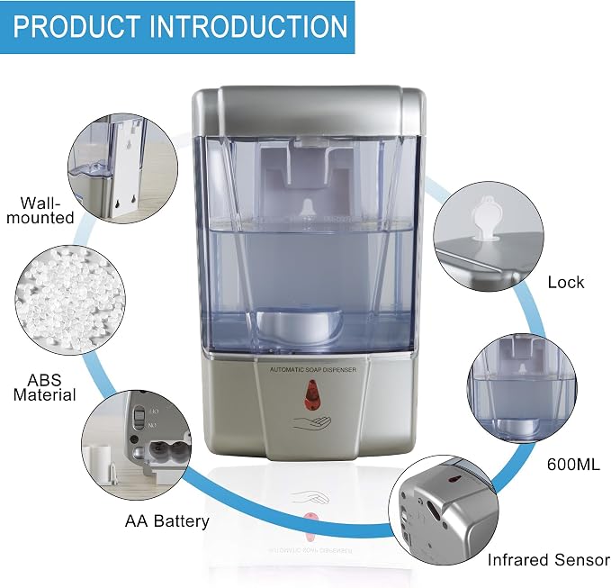 Soap Dispenser Wall Mount Commercial 2 Set Silver Automatic Hand Wash Dispensers 20OZ Suitable Liquid Sanitizer Refillable for Kitchen Bathroom Waterproof